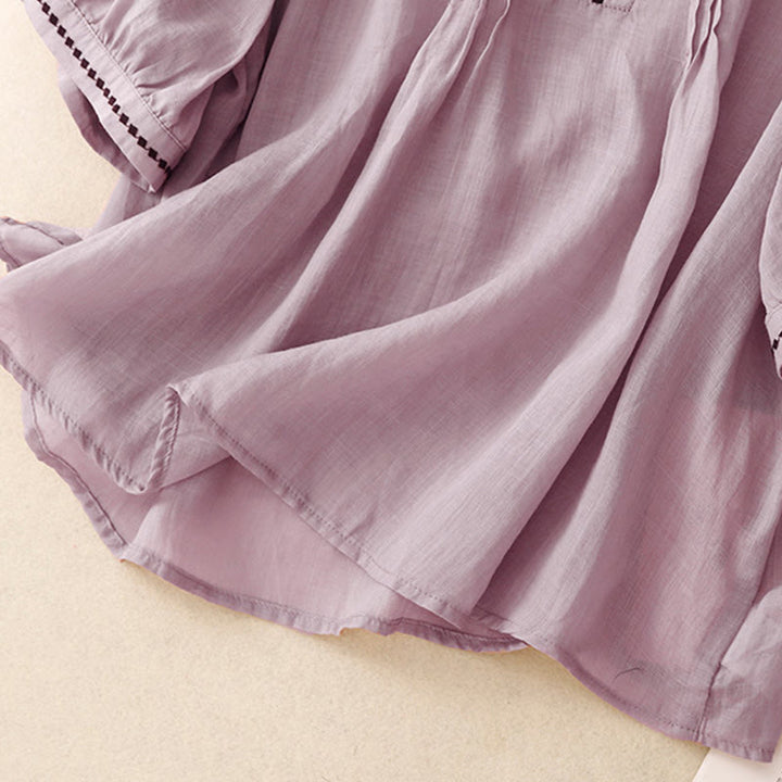 Buddha Stones Embroidery Crew Neck Pleats Women's Cotton Linen Half Sleeve T-shirt - image 23