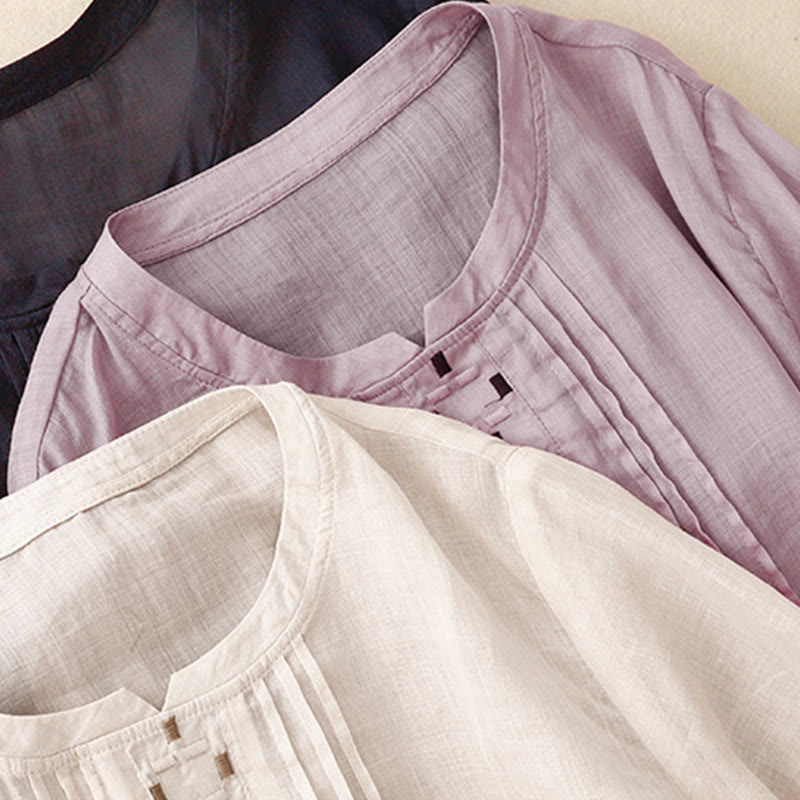 Buddha Stones Embroidery Crew Neck Pleats Women's Cotton Linen Half Sleeve T-shirt - image 26