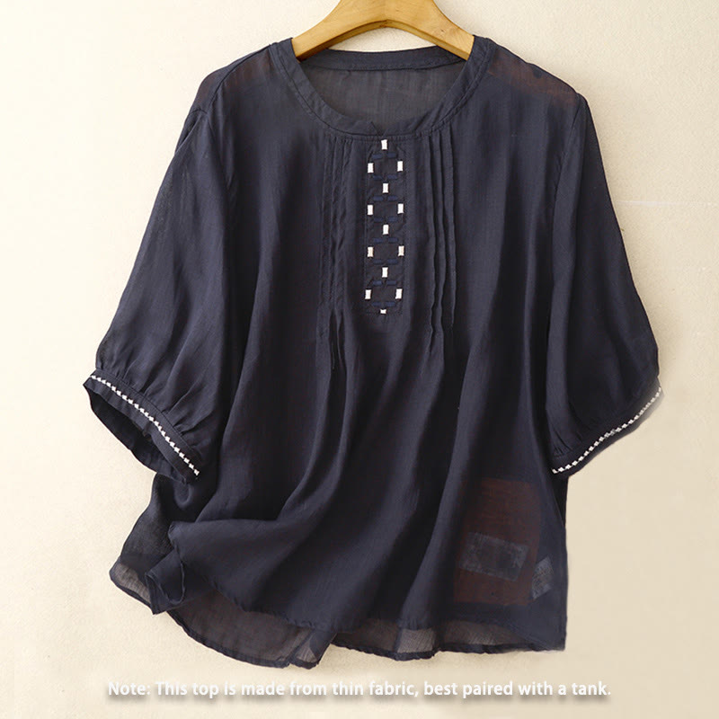 Buddha Stones Embroidery Crew Neck Pleats Women's Cotton Linen Half Sleeve T-shirt - image 13