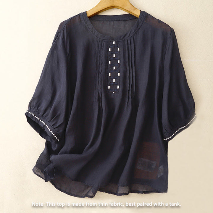 Buddha Stones Embroidery Crew Neck Pleats Women's Cotton Linen Half Sleeve T-shirt - image 13
