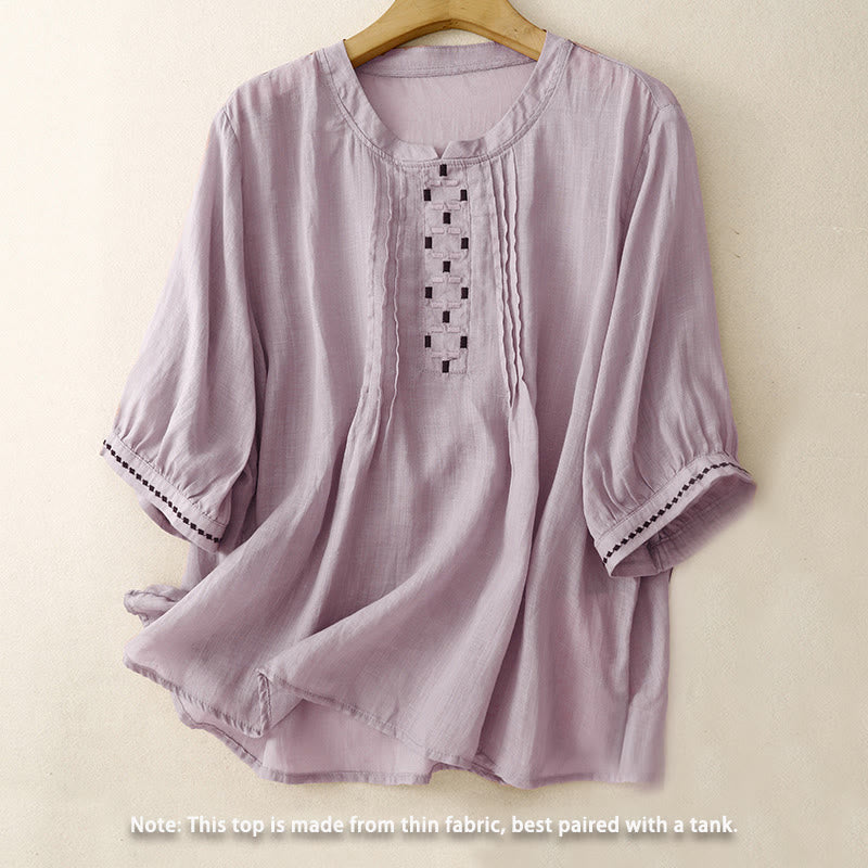 Buddha Stones Embroidery Crew Neck Pleats Women's Cotton Linen Half Sleeve T-shirt - image 20