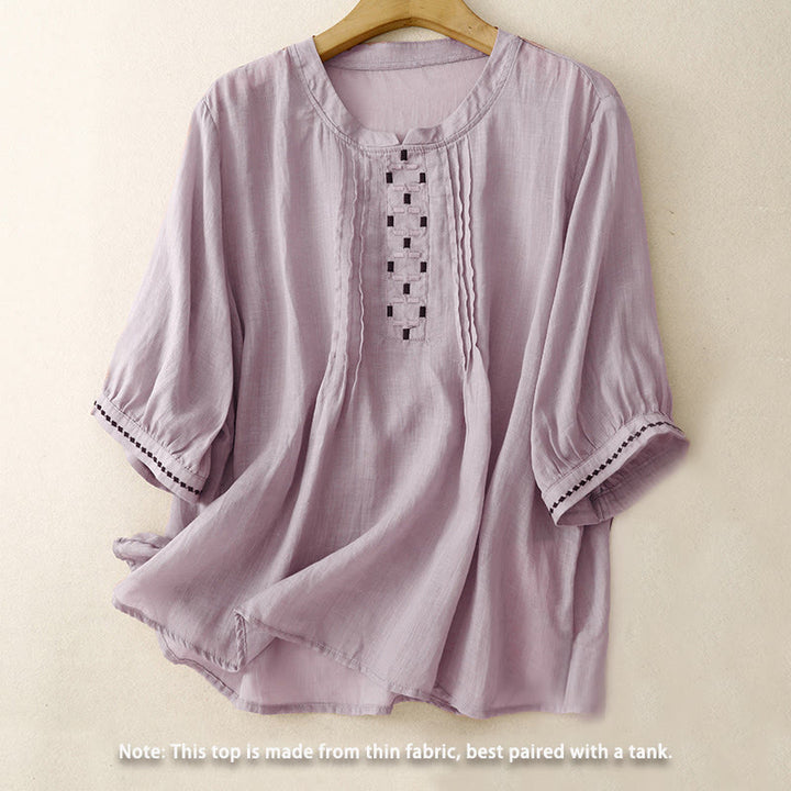 Buddha Stones Embroidery Crew Neck Pleats Women's Cotton Linen Half Sleeve T-shirt - image 19