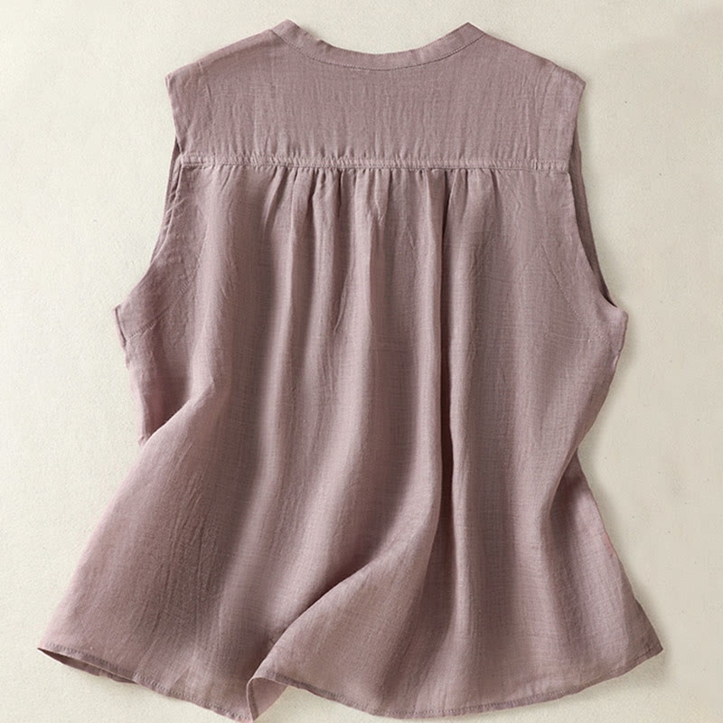 Buddha Stones Casual Sleeveless Pleated Design Women's Cotton Linen Half Sleeve Shirt - image 2