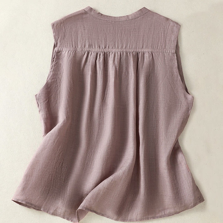 Buddha Stones Casual Sleeveless Pleated Design Women's Cotton Linen Half Sleeve Shirt - image 2