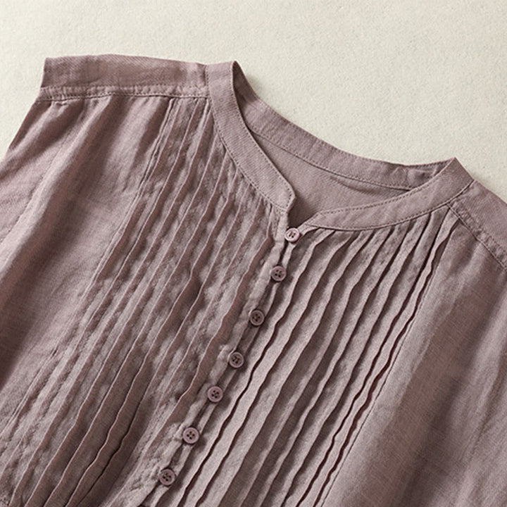 Buddha Stones Casual Sleeveless Pleated Design Women's Cotton Linen Half Sleeve Shirt - image 4