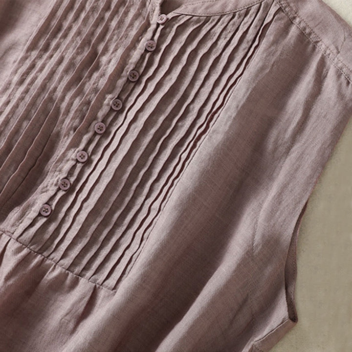 Buddha Stones Casual Sleeveless Pleated Design Women's Cotton Linen Half Sleeve Shirt - image 9