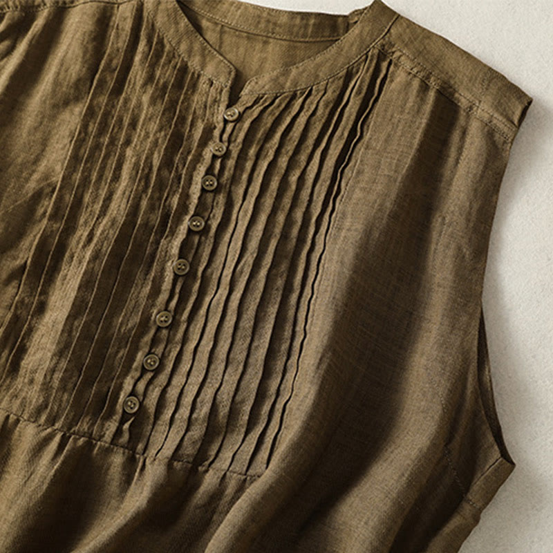 Buddha Stones Casual Sleeveless Pleated Design Women's Cotton Linen Half Sleeve Shirt - image 17