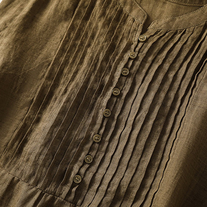 Buddha Stones Casual Sleeveless Pleated Design Women's Cotton Linen Half Sleeve Shirt - image 18