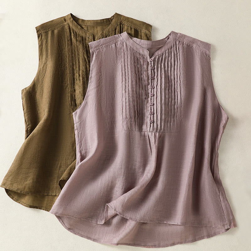 Buddha Stones Casual Sleeveless Pleated Design Women's Cotton Linen Half Sleeve Shirt - image 19