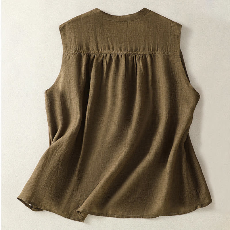 Buddha Stones Casual Sleeveless Pleated Design Women's Cotton Linen Half Sleeve Shirt - image 11