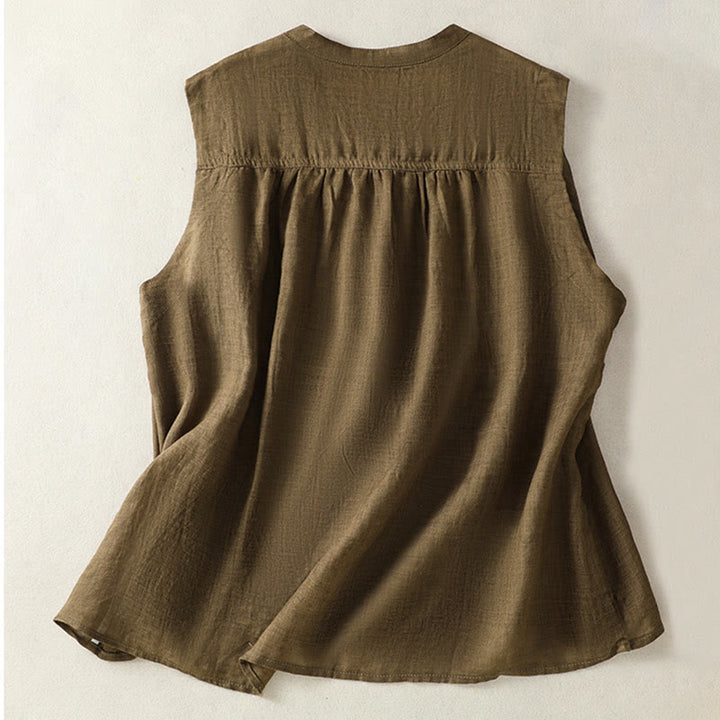 Buddha Stones Casual Sleeveless Pleated Design Women's Cotton Linen Half Sleeve Shirt - image 11
