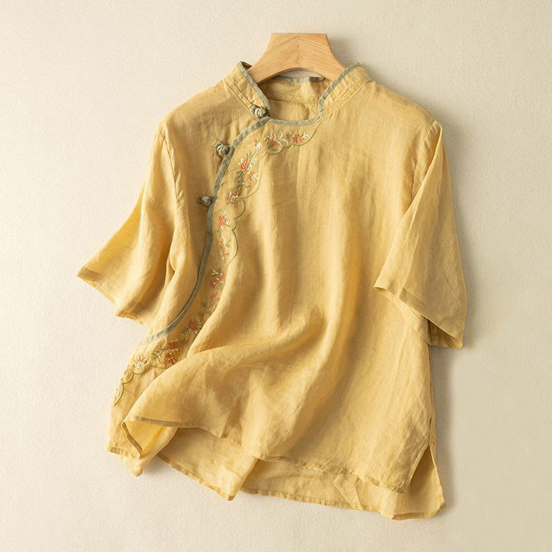 Buddha Stones Casual Slant Collar Embroidery Frog-Button Design Women's Cotton Linen Shirt - Gold - US16，UK/AU20，EU48 (3XL) - image 1