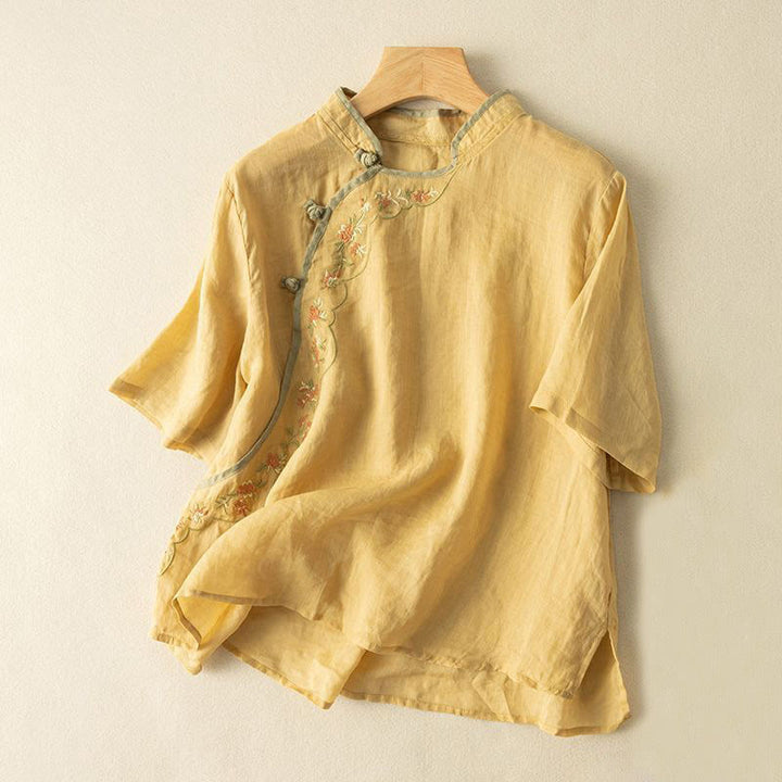 Buddha Stones Casual Slant Collar Embroidery Frog-Button Design Women's Cotton Linen Shirt - Gold - US16，UK/AU20，EU48 (3XL) - image 1