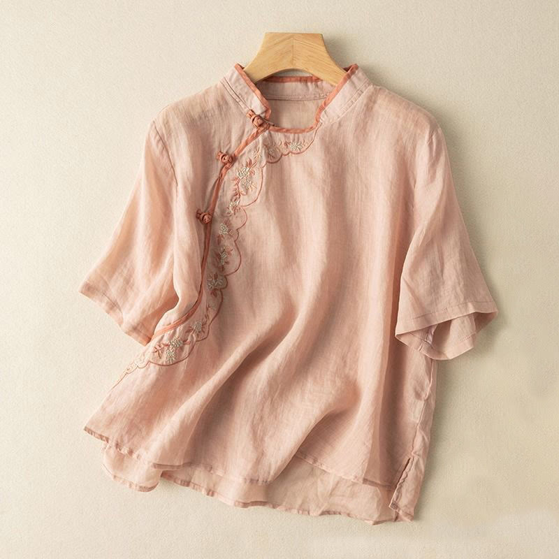 Buddha Stones Casual Slant Collar Embroidery Frog-Button Design Women's Cotton Linen Shirt - LightSalmon - US16，UK/AU20，EU48 (3XL) - image 3