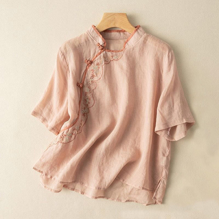 Buddha Stones Casual Slant Collar Embroidery Frog-Button Design Women's Cotton Linen Shirt - LightSalmon - US16，UK/AU20，EU48 (3XL) - image 3