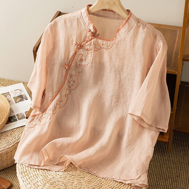 Buddha Stones Casual Slant Collar Embroidery Frog-Button Design Women's Cotton Linen Shirt - image 5