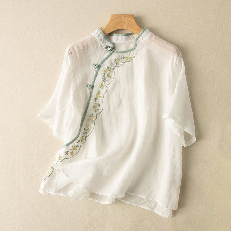 Buddha Stones Casual Slant Collar Embroidery Frog-Button Design Women's Cotton Linen Shirt - White - US16，UK/AU20，EU48 (3XL) - image 11