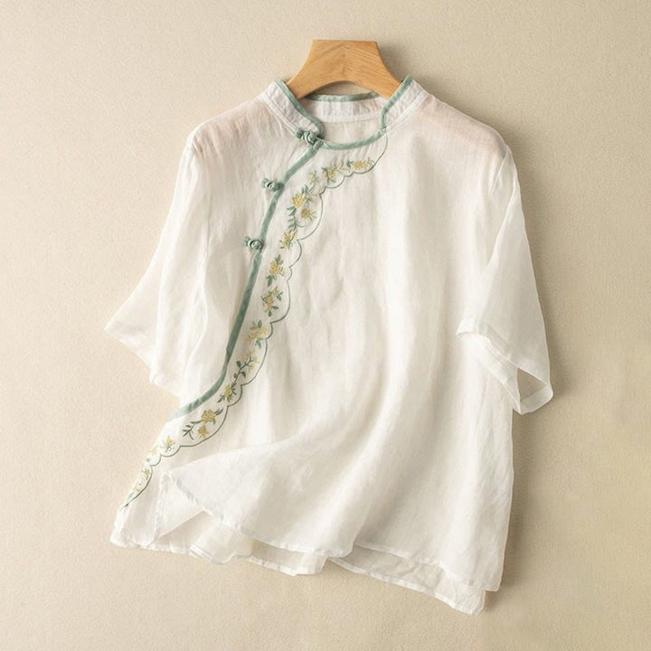 Buddha Stones Casual Slant Collar Embroidery Frog-Button Design Women's Cotton Linen Shirt - White - US16，UK/AU20，EU48 (3XL) - image 11