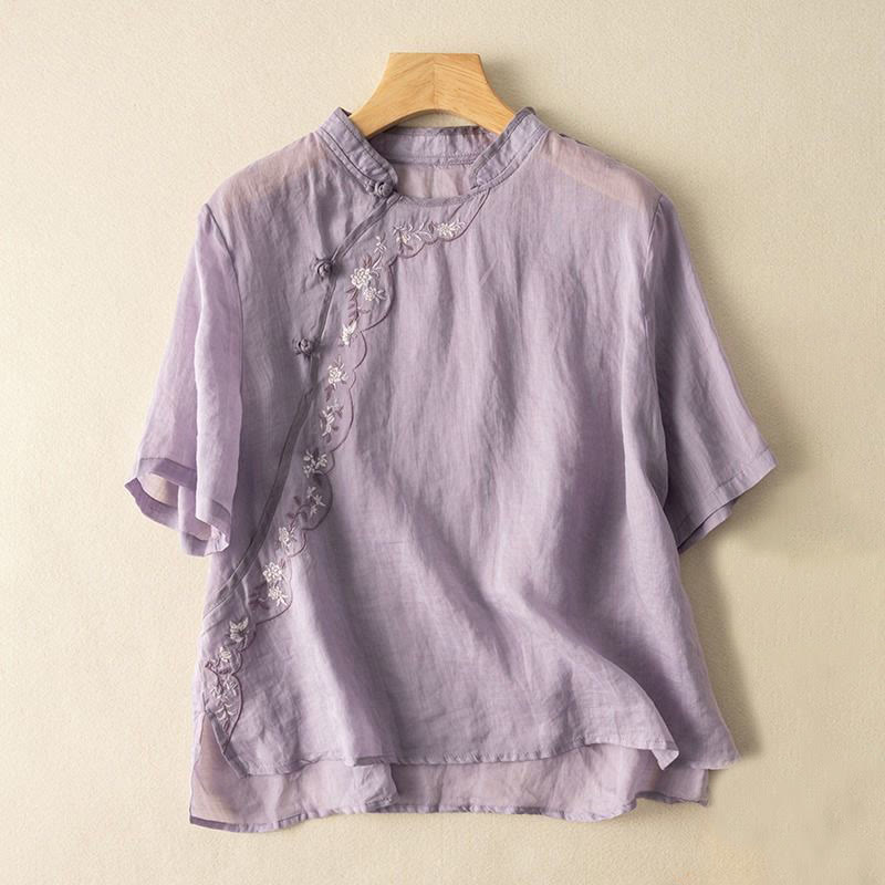 Buddha Stones Casual Slant Collar Embroidery Frog-Button Design Women's Cotton Linen Shirt - Plum - US16，UK/AU20，EU48 (3XL) - image 16