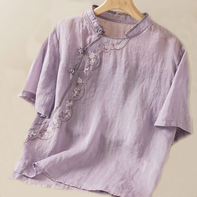 Buddha Stones Casual Slant Collar Embroidery Frog-Button Design Women's Cotton Linen Shirt - image 18