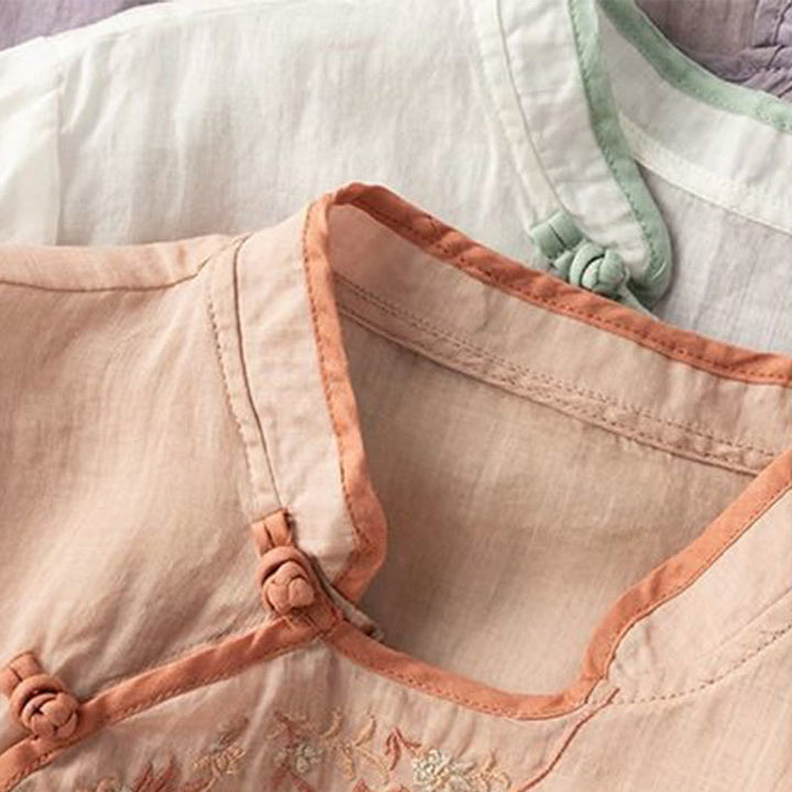 Buddha Stones Casual Slant Collar Embroidery Frog-Button Design Women's Cotton Linen Shirt - image 19