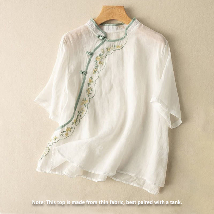Buddha Stones Casual Slant Collar Embroidery Frog-Button Design Women's Cotton Linen Shirt - image 12