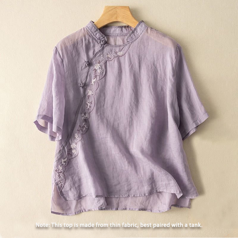 Buddha Stones Casual Slant Collar Embroidery Frog-Button Design Women's Cotton Linen Shirt - image 17