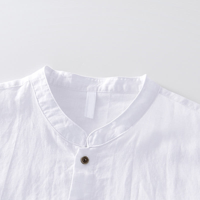 Buddha Stones Simple Buttons Design Men's Short Sleeve Cotton Linen Shirt With Pocket - image 8