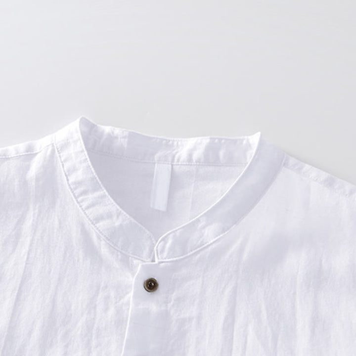 Buddha Stones Simple Buttons Design Men's Short Sleeve Cotton Linen Shirt With Pocket - image 8