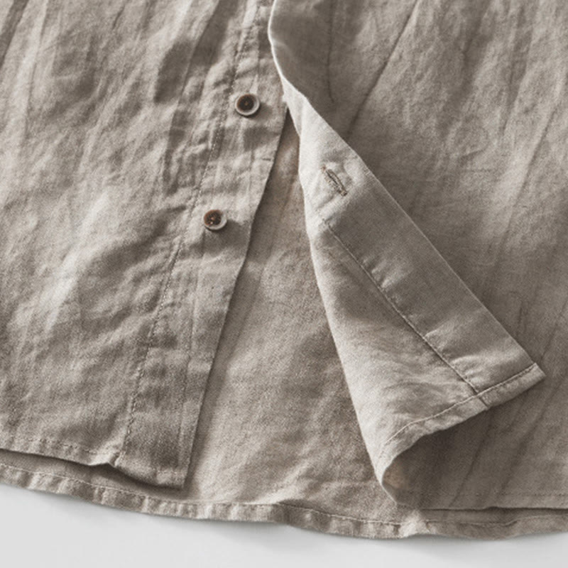 Buddha Stones Simple Buttons Design Men's Short Sleeve Cotton Linen Shirt With Pocket - image 19