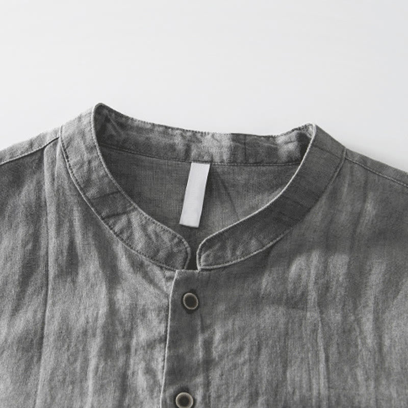 Buddha Stones Simple Buttons Design Men's Short Sleeve Cotton Linen Shirt With Pocket - image 3