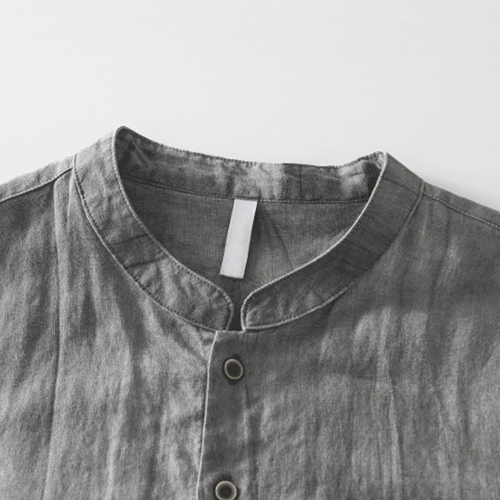Buddha Stones Simple Buttons Design Men's Short Sleeve Cotton Linen Shirt With Pocket - image 3