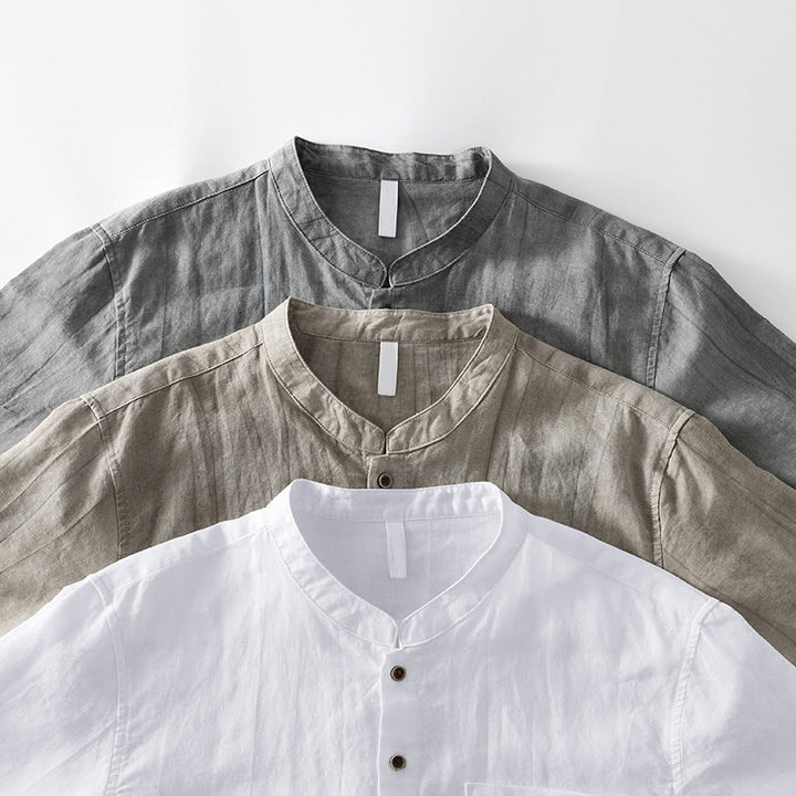 Buddha Stones Simple Buttons Design Men's Short Sleeve Cotton Linen Shirt With Pocket - image 21