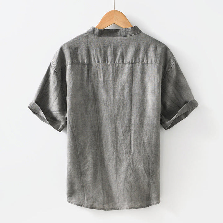 Buddha Stones Simple Buttons Design Men's Short Sleeve Cotton Linen Shirt With Pocket - image 2