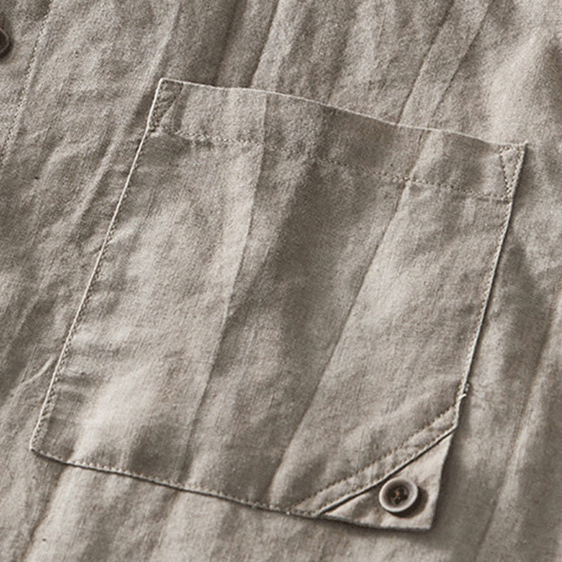 Buddha Stones Simple Buttons Design Men's Short Sleeve Cotton Linen Shirt With Pocket - image 16