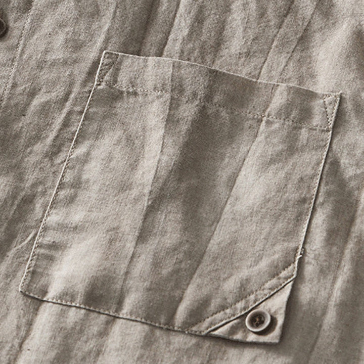 Buddha Stones Simple Buttons Design Men's Short Sleeve Cotton Linen Shirt With Pocket - image 16