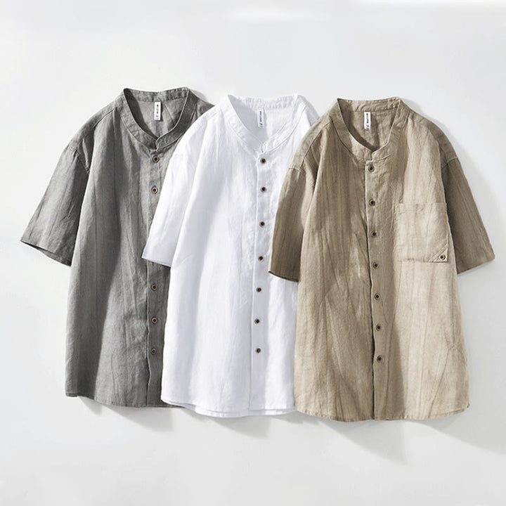 Buddha Stones Simple Buttons Design Men's Short Sleeve Cotton Linen Shirt With Pocket - image 20