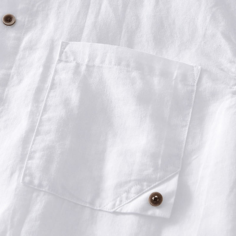 Buddha Stones Simple Buttons Design Men's Short Sleeve Cotton Linen Shirt With Pocket - image 10
