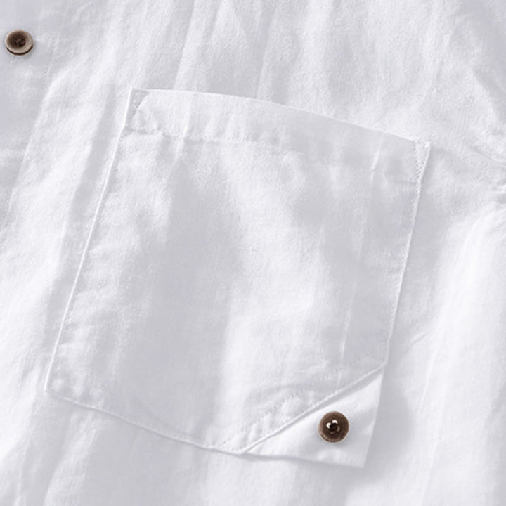 Buddha Stones Simple Buttons Design Men's Short Sleeve Cotton Linen Shirt With Pocket - image 10