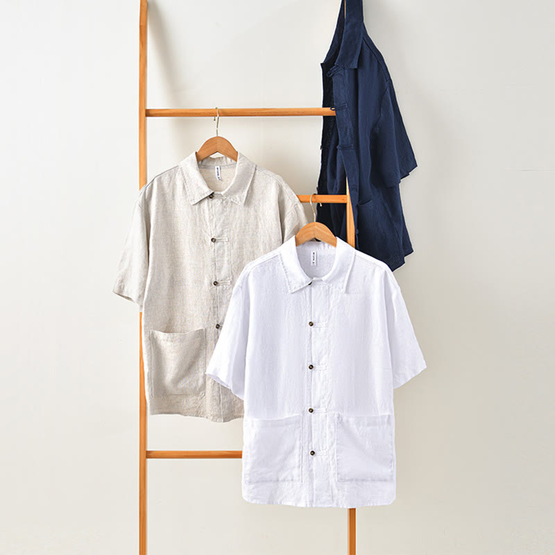 Buddha Stones Vintage Solid Color Buttons Men's Short Sleeve Linen Shirt With Pockets - White - US/UK/AU42，EU52 (3XL) - image 8