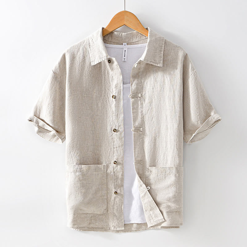 Buddha Stones Solid Color Buttons Men's Short Sleeve Linen Shirt With Pockets - Beige - US/UK/AU42，EU52 (3XL) - image 1