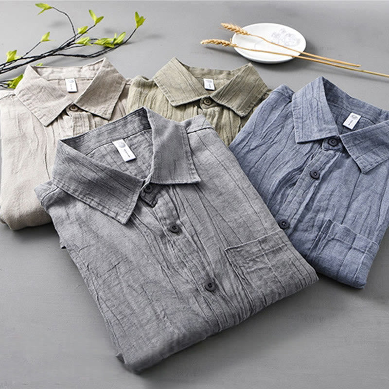 Buddha Stones Retro Pleats Buttons Men's Long Sleeve Ramie Linen Long Sleeve Shirt With Pockets - image 22