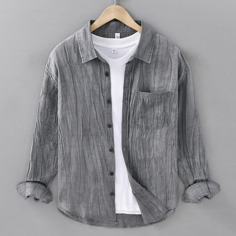 Buddha Stones Retro Pleats Buttons Men's Long Sleeve Ramie Linen Long Sleeve Shirt With Pockets - LightSlateGray - US/UK/AU42，EU52 (3XL) - image 1