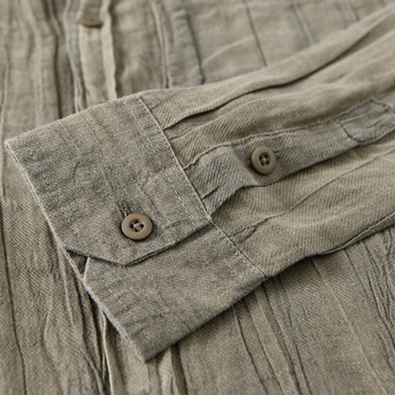Buddha Stones Retro Pleats Buttons Men's Long Sleeve Ramie Linen Long Sleeve Shirt With Pockets - image 7