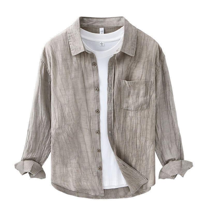 Buddha Stones Retro Pleats Buttons Men's Long Sleeve Ramie Linen Long Sleeve Shirt With Pockets - image 16