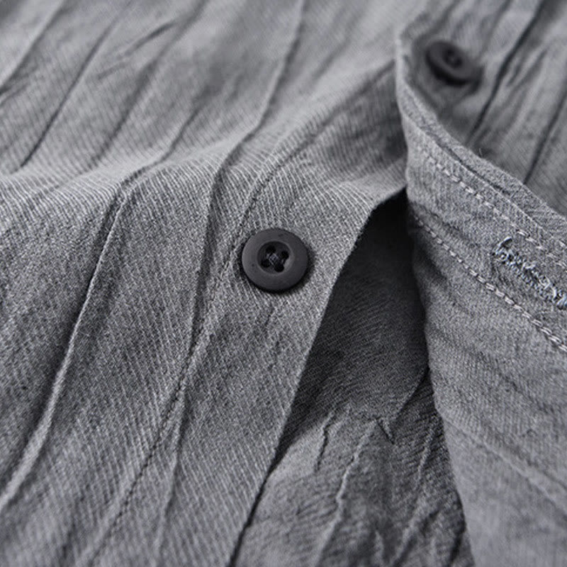 Buddha Stones Retro Pleats Buttons Men's Long Sleeve Ramie Linen Long Sleeve Shirt With Pockets - image 3