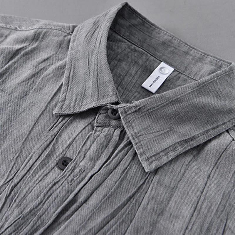 Buddha Stones Retro Pleats Buttons Men's Long Sleeve Ramie Linen Long Sleeve Shirt With Pockets - image 2