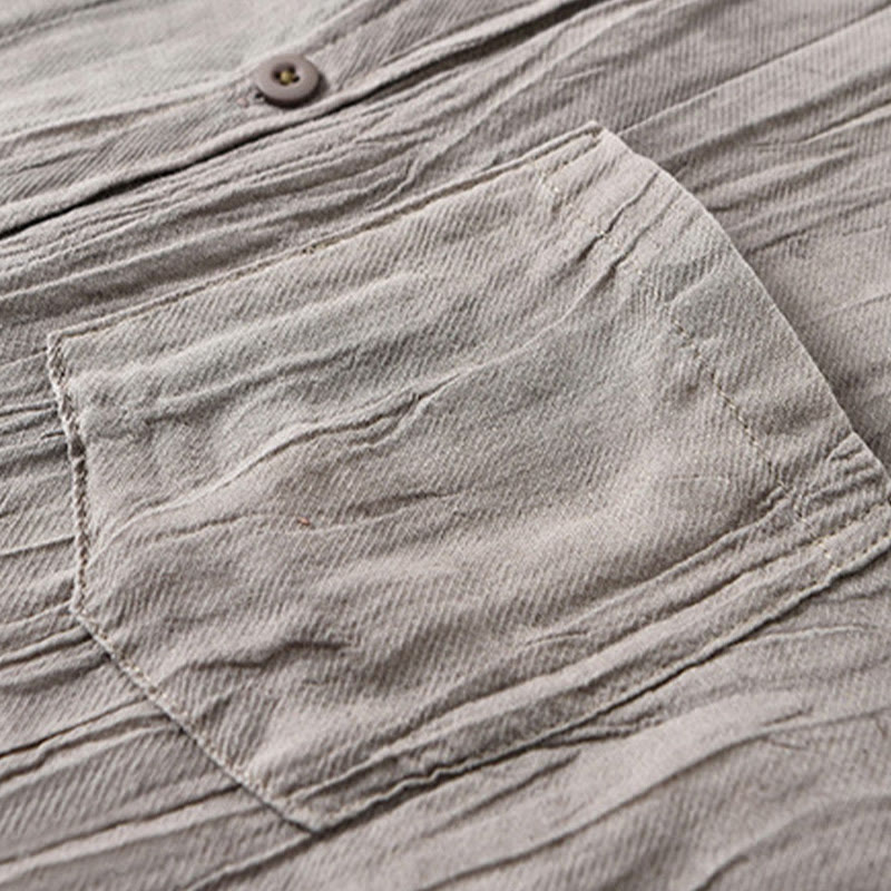 Buddha Stones Retro Pleats Buttons Men's Long Sleeve Ramie Linen Long Sleeve Shirt With Pockets - image 12