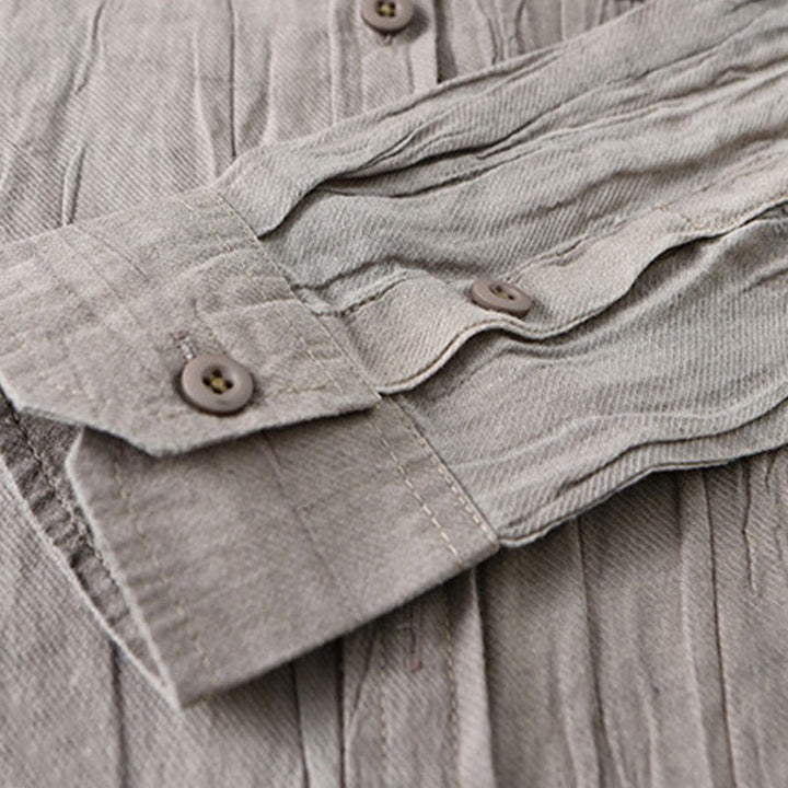 Buddha Stones Retro Pleats Buttons Men's Long Sleeve Ramie Linen Long Sleeve Shirt With Pockets - image 15