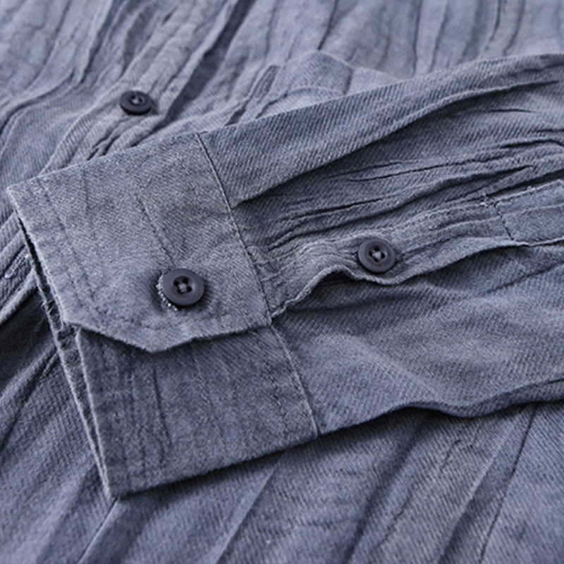 Buddha Stones Retro Pleats Buttons Men's Long Sleeve Ramie Linen Long Sleeve Shirt With Pockets - image 20